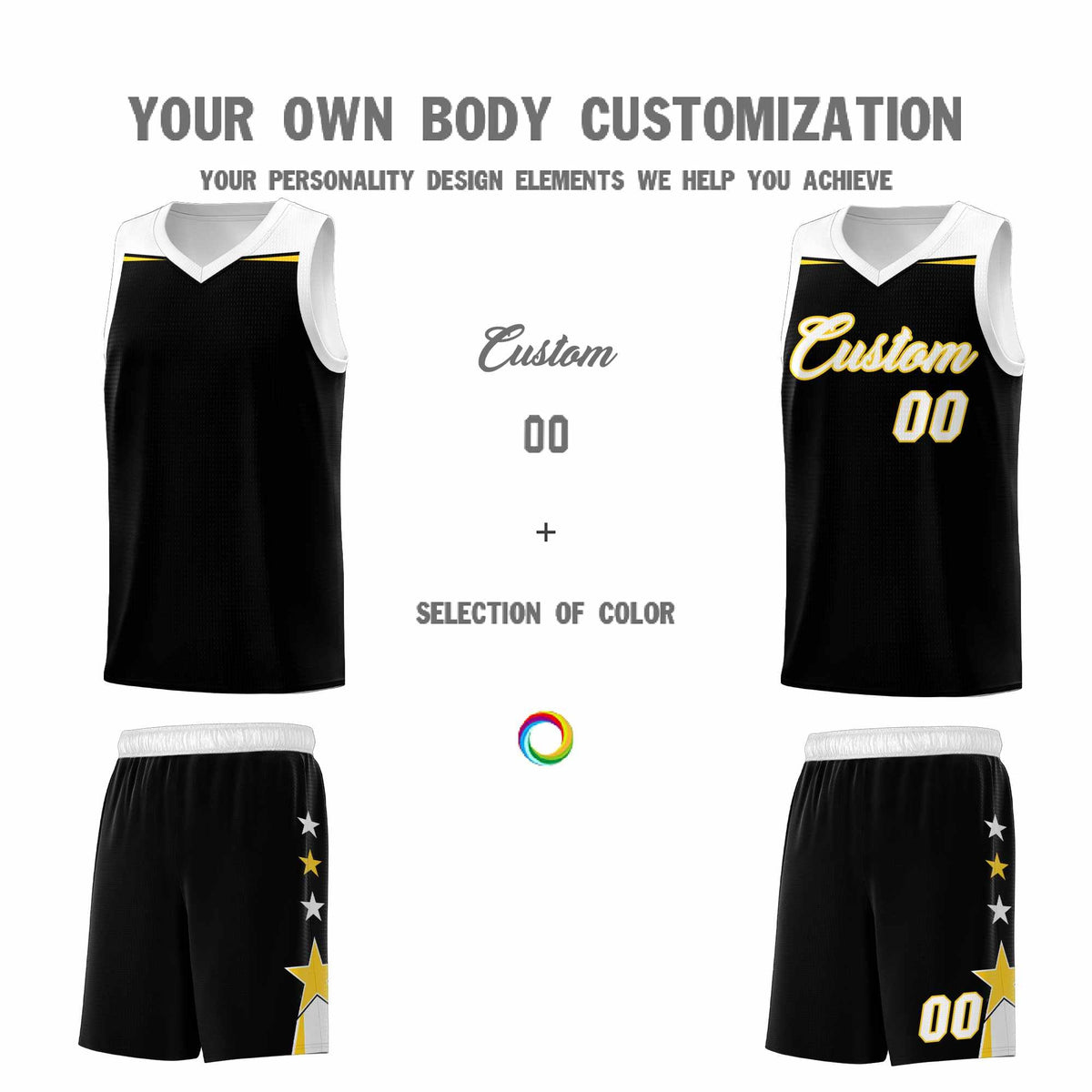 Custom Youth Basketball Uniform Black White Two Tone Side Star Add Name Number & Logo