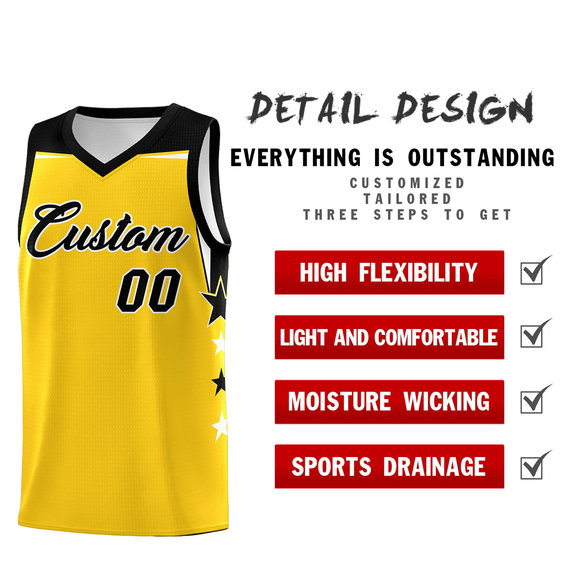 Custom Youth Basketball Uniform Gold Black Two Tone Side Star Personalized Team Jersey