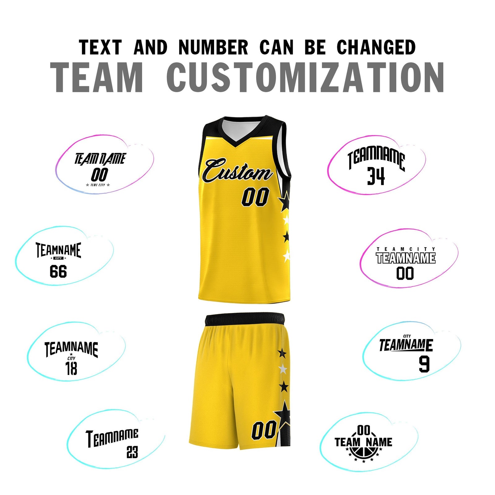 Custom Youth Basketball Uniform Gold Black Two Tone Side Star Personalized Team Jersey