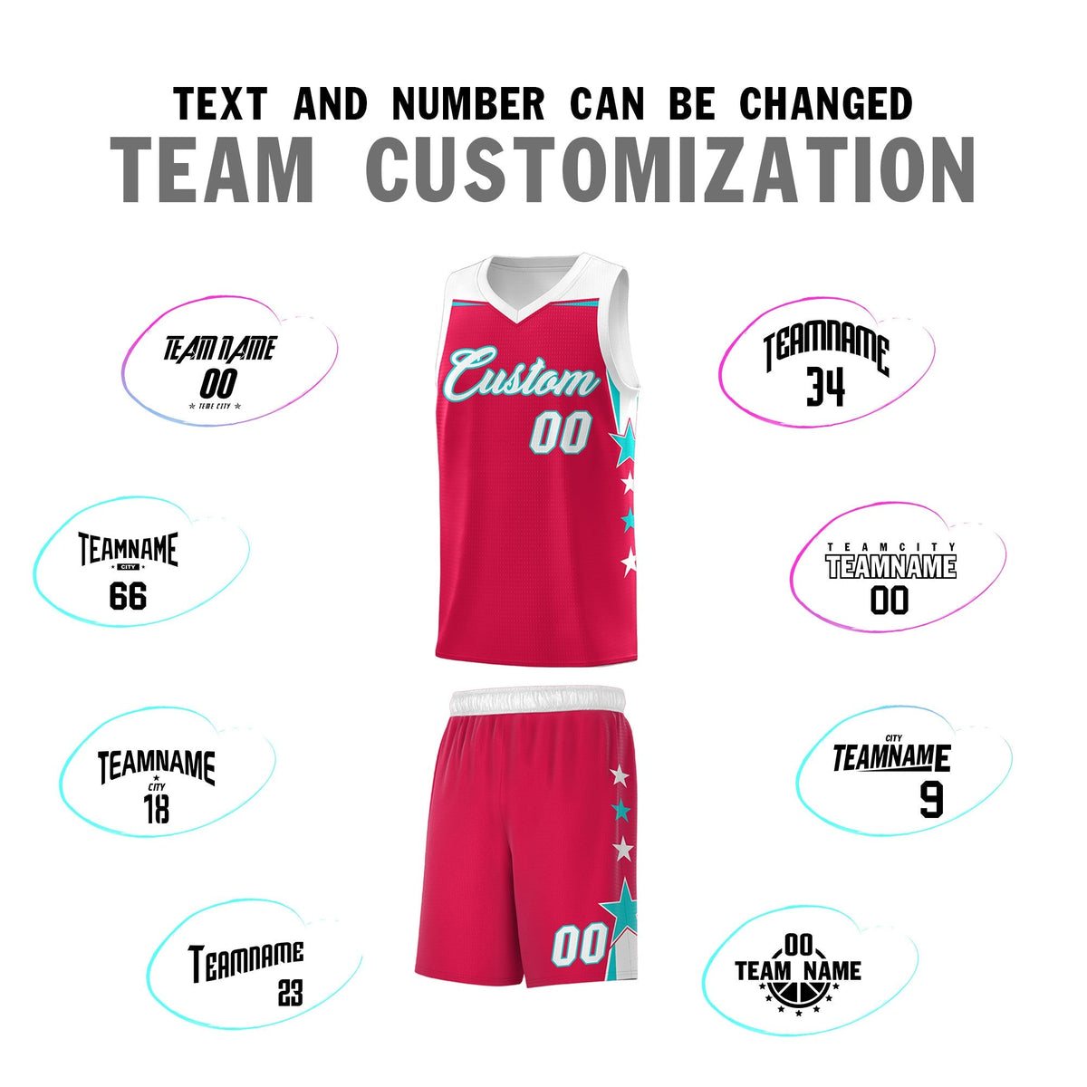 Custom Youth Basketball Uniform Red White Two Tone Side Star Add Name Number & Logo
