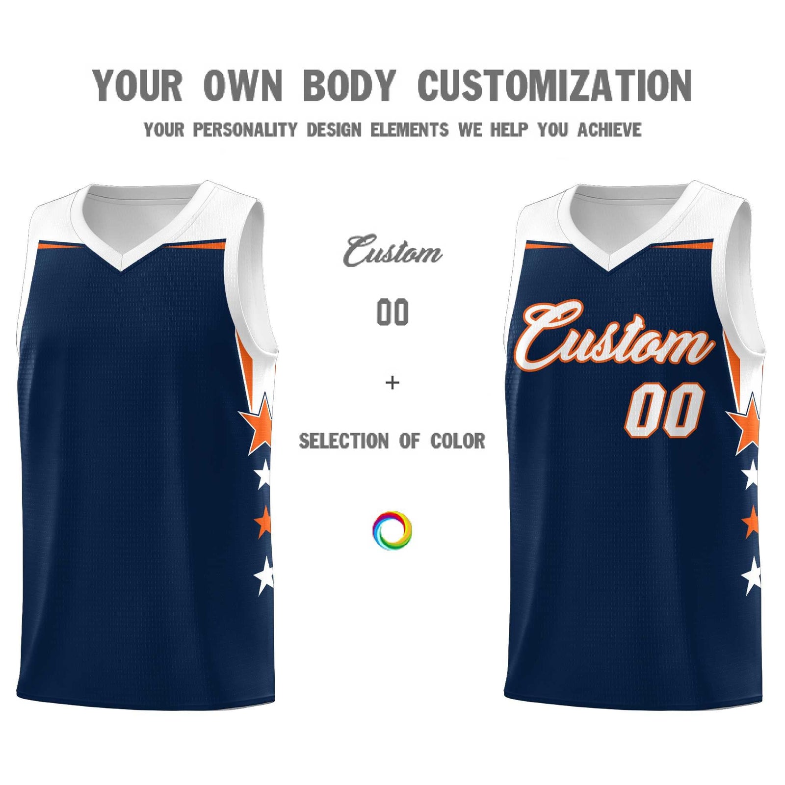 Custom Youth Basketball Uniform Navy White Two Tone Side Star Add Name Number & Logo