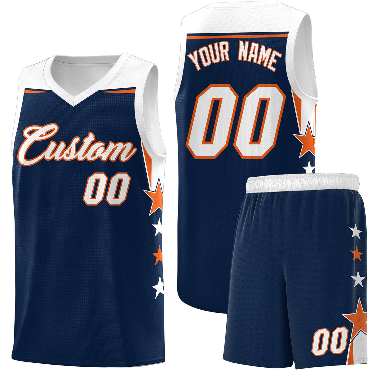 Custom Youth Basketball Uniform Navy White Two Tone Side Star Add Name Number & Logo