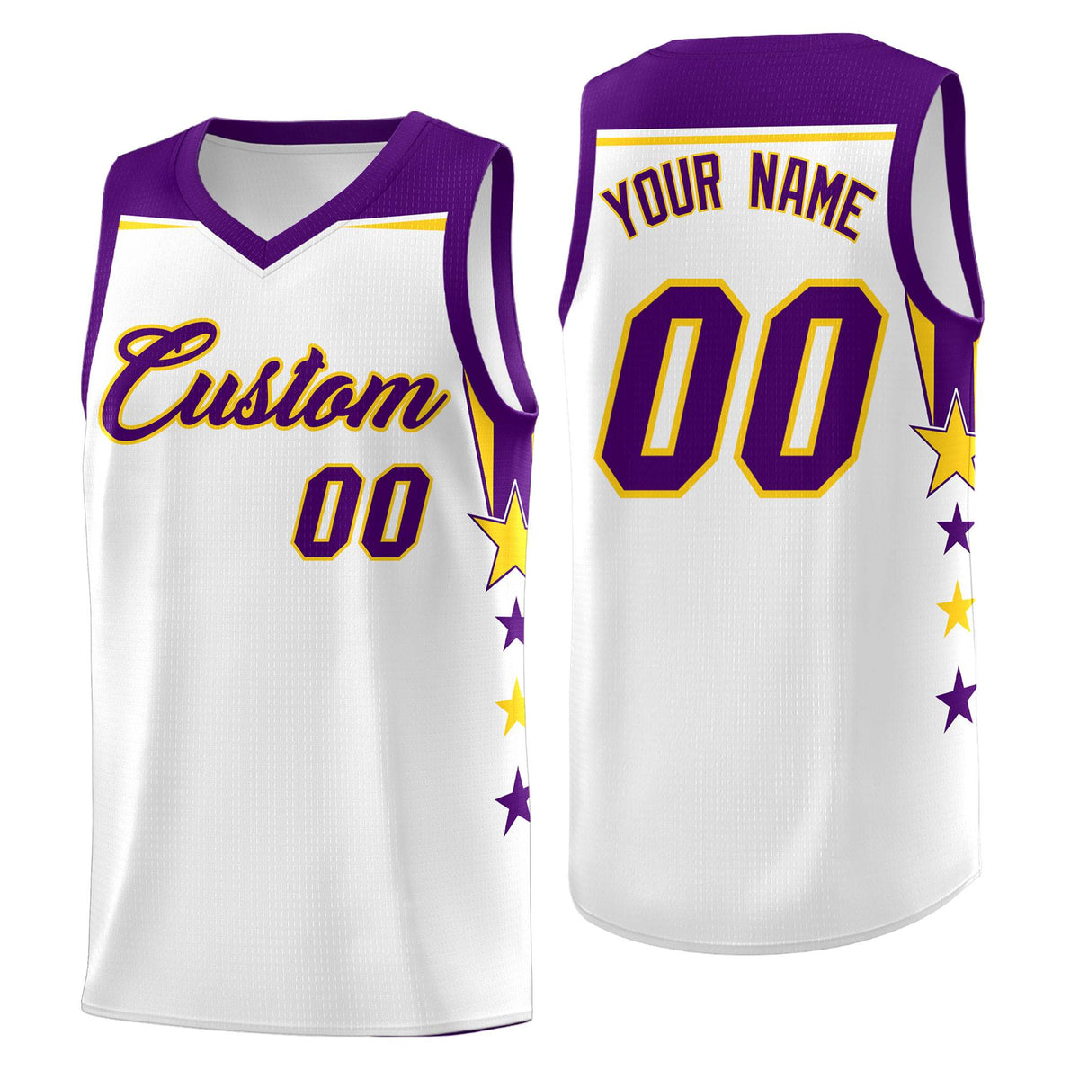 Custom Youth Basketball Uniform White Purple Two Tone Side Star Color Block Team Jersey