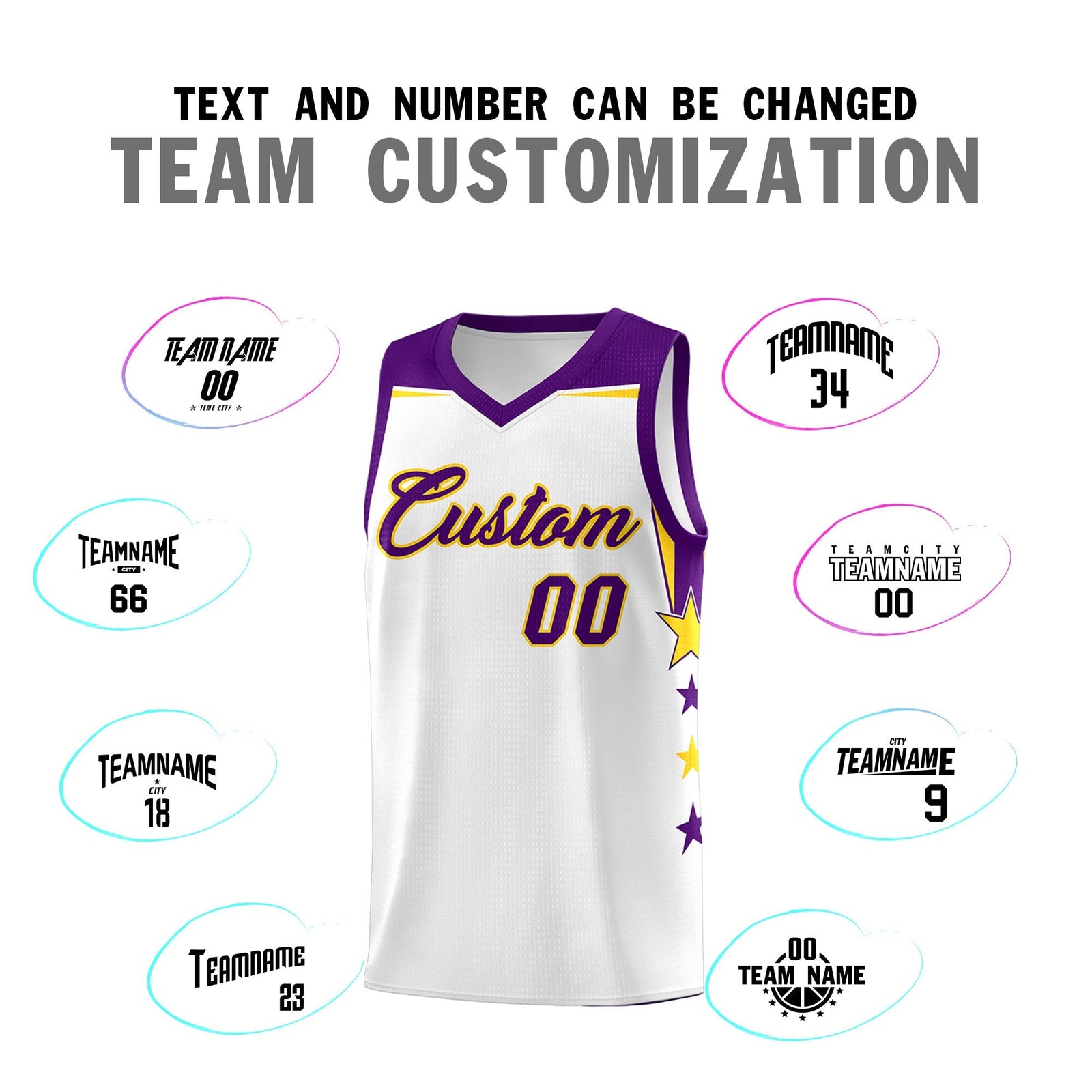 Custom Youth Basketball Uniform White Purple Two Tone Side Star Color Block Team Jersey