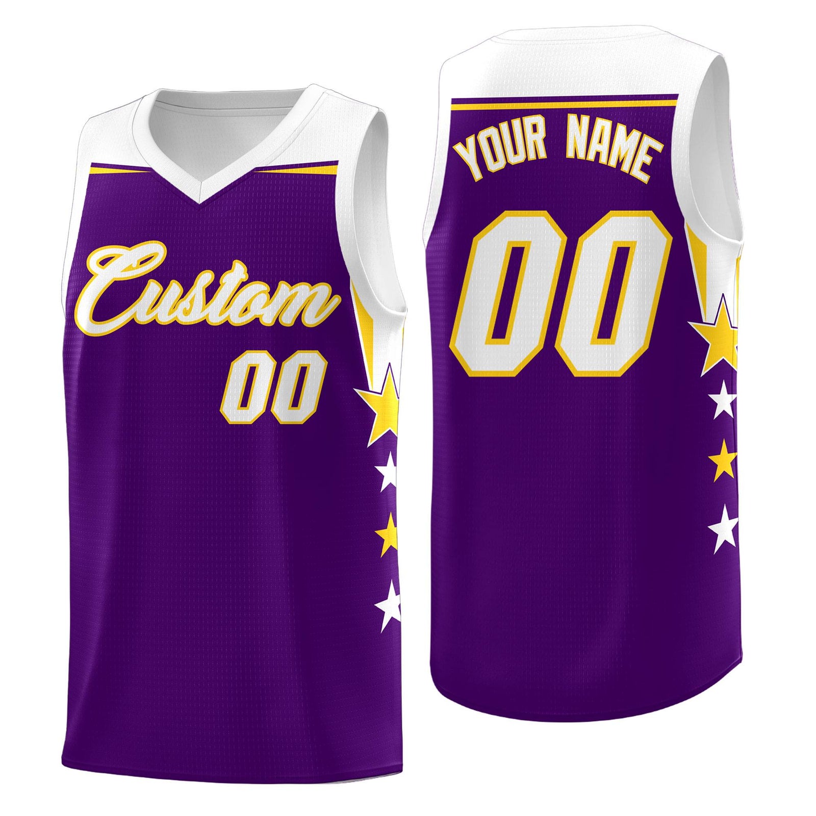 Custom Youth Basketball Uniform Purple White Two Tone Side Star Add Name Number & Logo