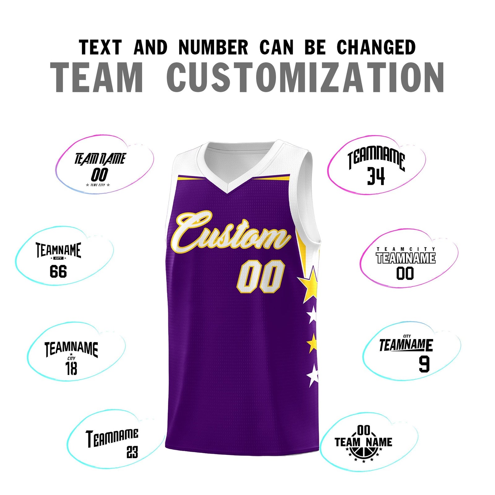 Custom Youth Basketball Uniform Purple White Two Tone Side Star Add Name Number & Logo