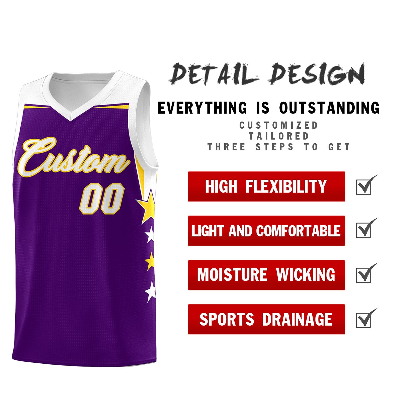 Custom Youth Basketball Uniform Purple White Two Tone Side Star Add Name Number & Logo