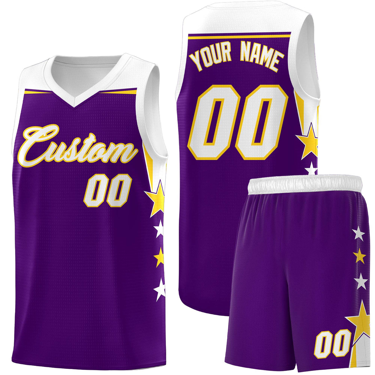 Custom Youth Basketball Uniform Purple White Two Tone Side Star Add Name Number & Logo