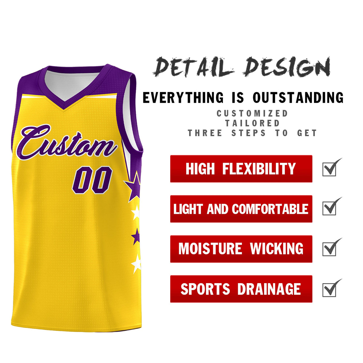 Custom Youth Basketball Uniform Gold Purple Two Tone Side Star Personalized Team Jersey