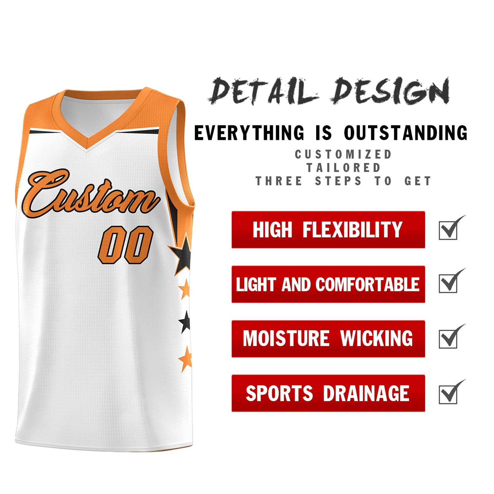 Custom Youth Basketball Uniform White Gold Orange Two Tone Side Star Color Block Team Jersey