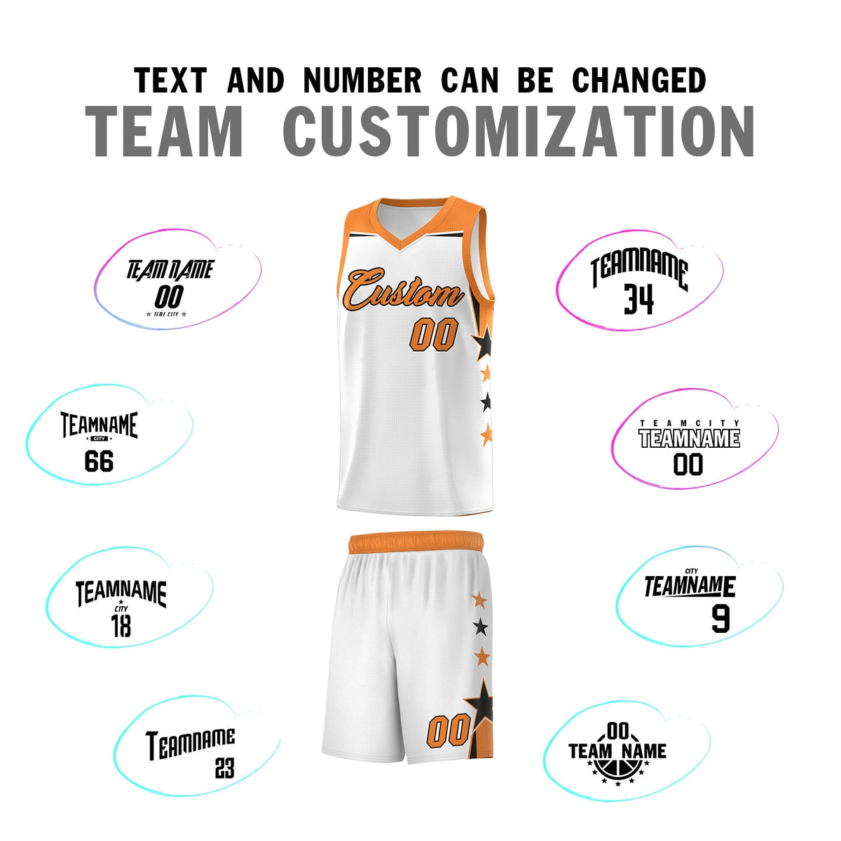 Custom Youth Basketball Uniform White Gold Orange Two Tone Side Star Color Block Team Jersey