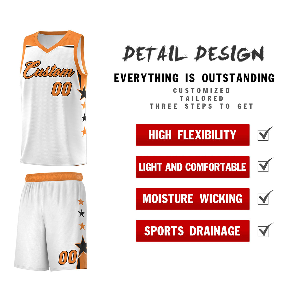 Custom Youth Basketball Uniform White Gold Orange Two Tone Side Star Color Block Team Jersey