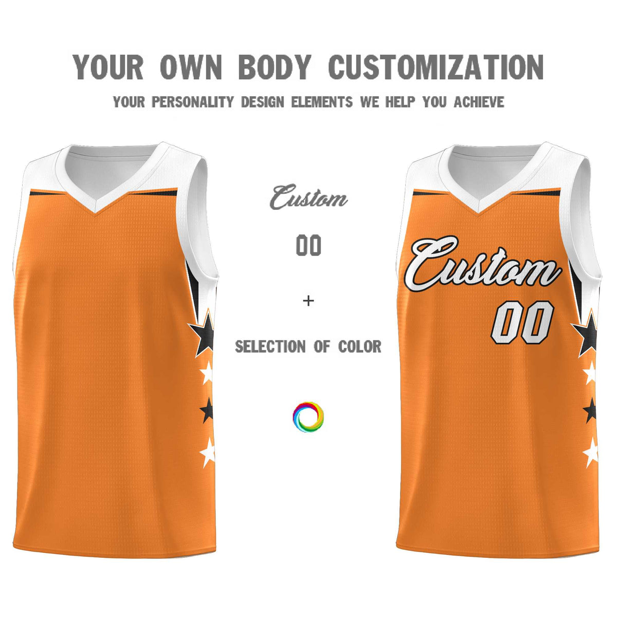 Custom Youth Basketball Uniform Gold Orange White Two Tone Side Star Add Name Number & Logo