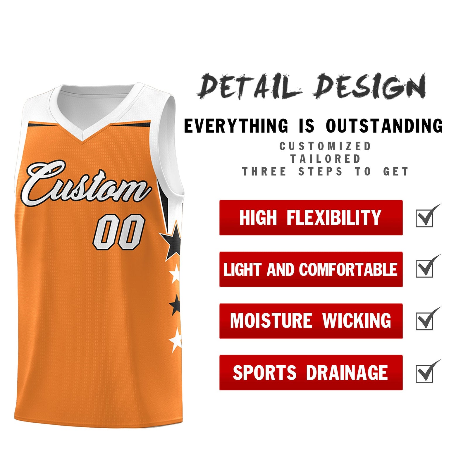 Custom Youth Basketball Uniform Gold Orange White Two Tone Side Star Add Name Number & Logo