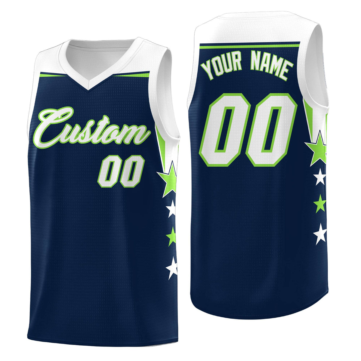 Custom Youth Basketball Uniform Navy White Two Tone Side Star Add Name Number & Logo