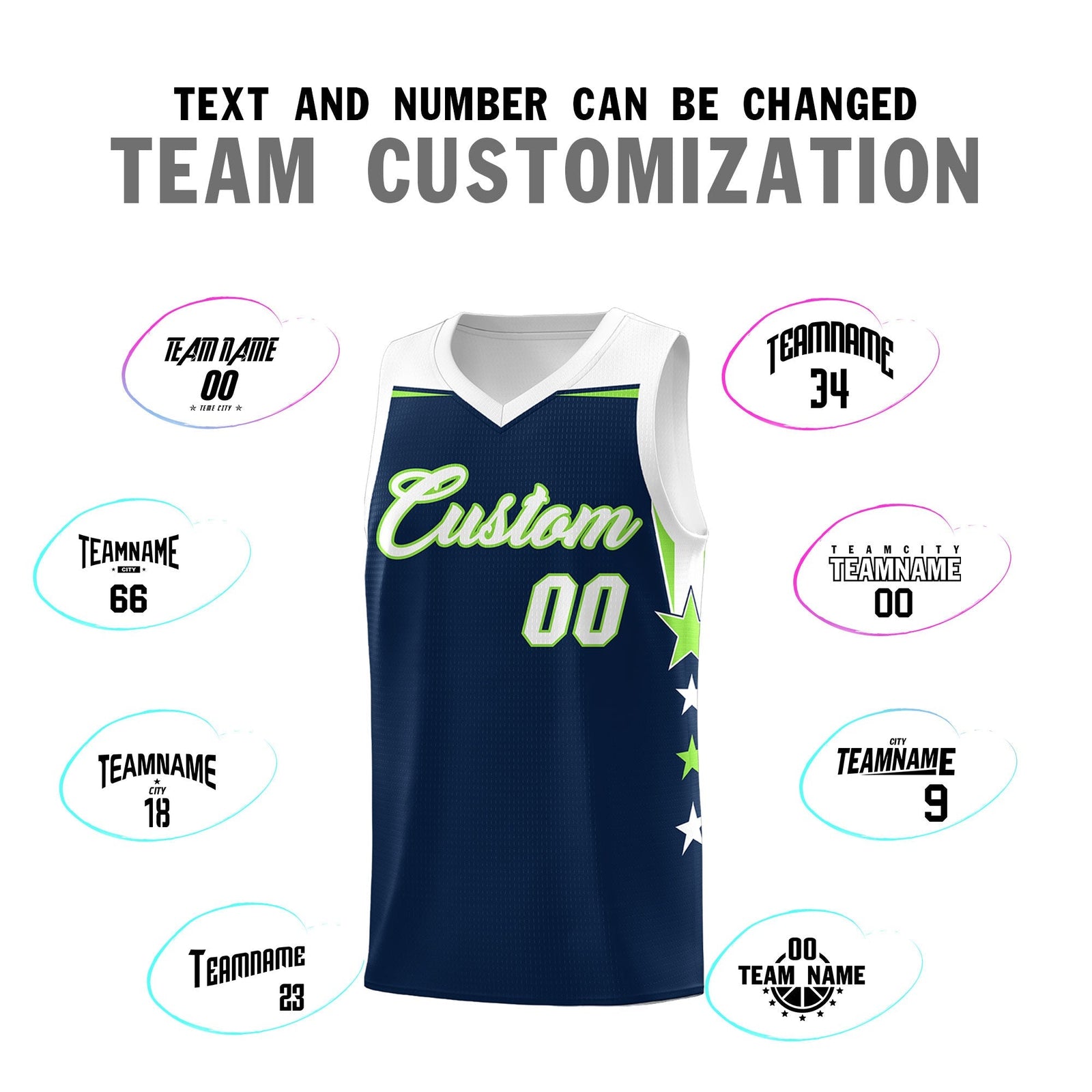 Custom Youth Basketball Uniform Navy White Two Tone Side Star Add Name Number & Logo