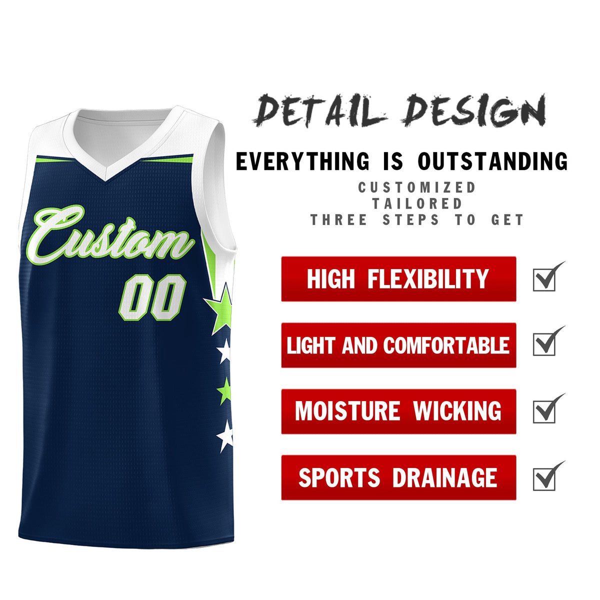 Custom Youth Basketball Uniform Navy White Two Tone Side Star Add Name Number & Logo