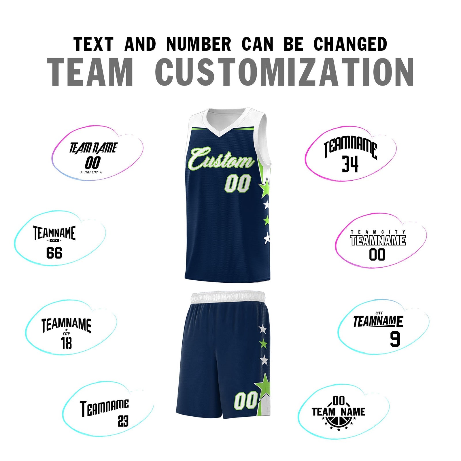 Custom Youth Basketball Uniform Navy White Two Tone Side Star Add Name Number & Logo