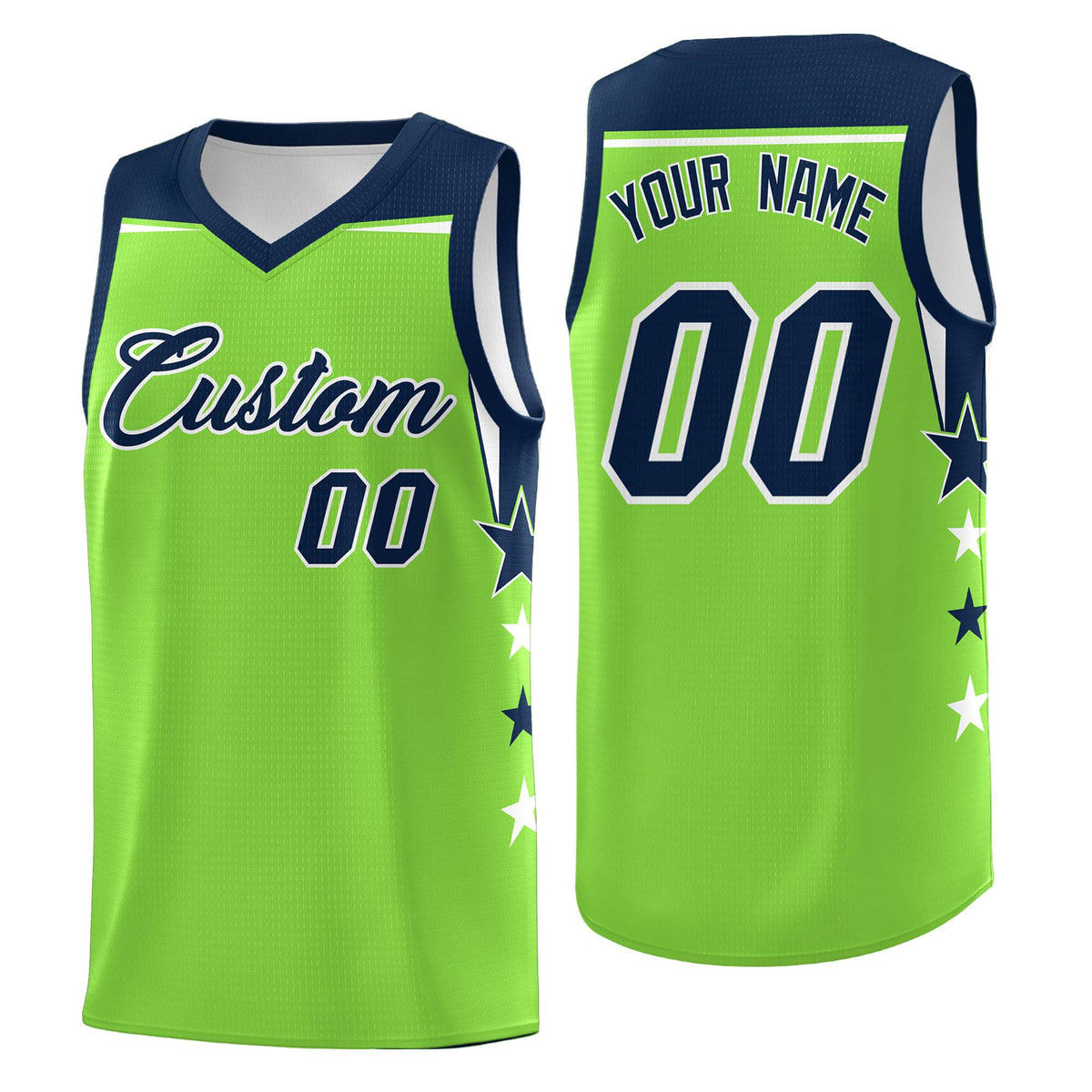 Custom Youth Basketball Uniform Fluorescent Green Navy Two Tone Side Star Personalized Team Jersey