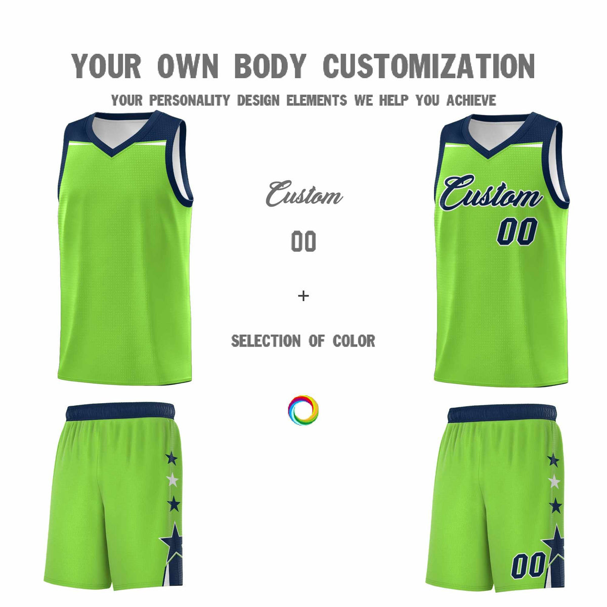 Custom Youth Basketball Uniform Fluorescent Green Navy Two Tone Side Star Personalized Team Jersey