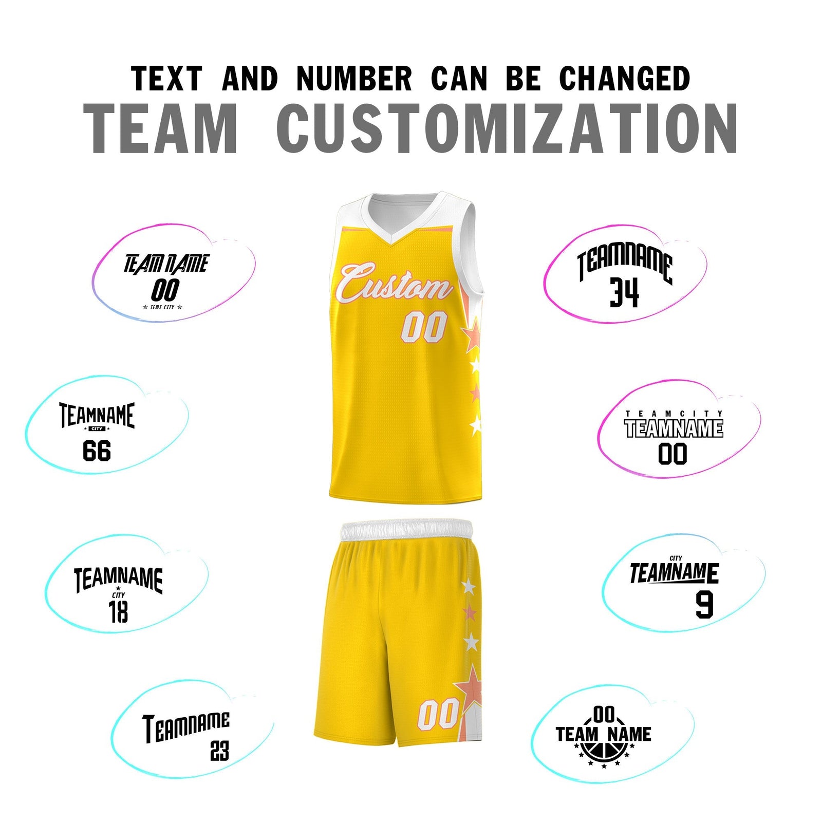 Custom Youth Basketball Uniform Gold White Two Tone Side Star Color Block Team Jersey