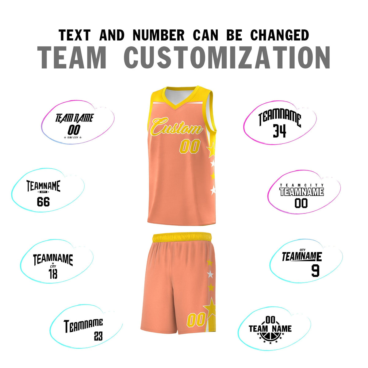Custom Youth Basketball Uniform Light Orange Gold Two Tone Side Star Personalized Team Jersey