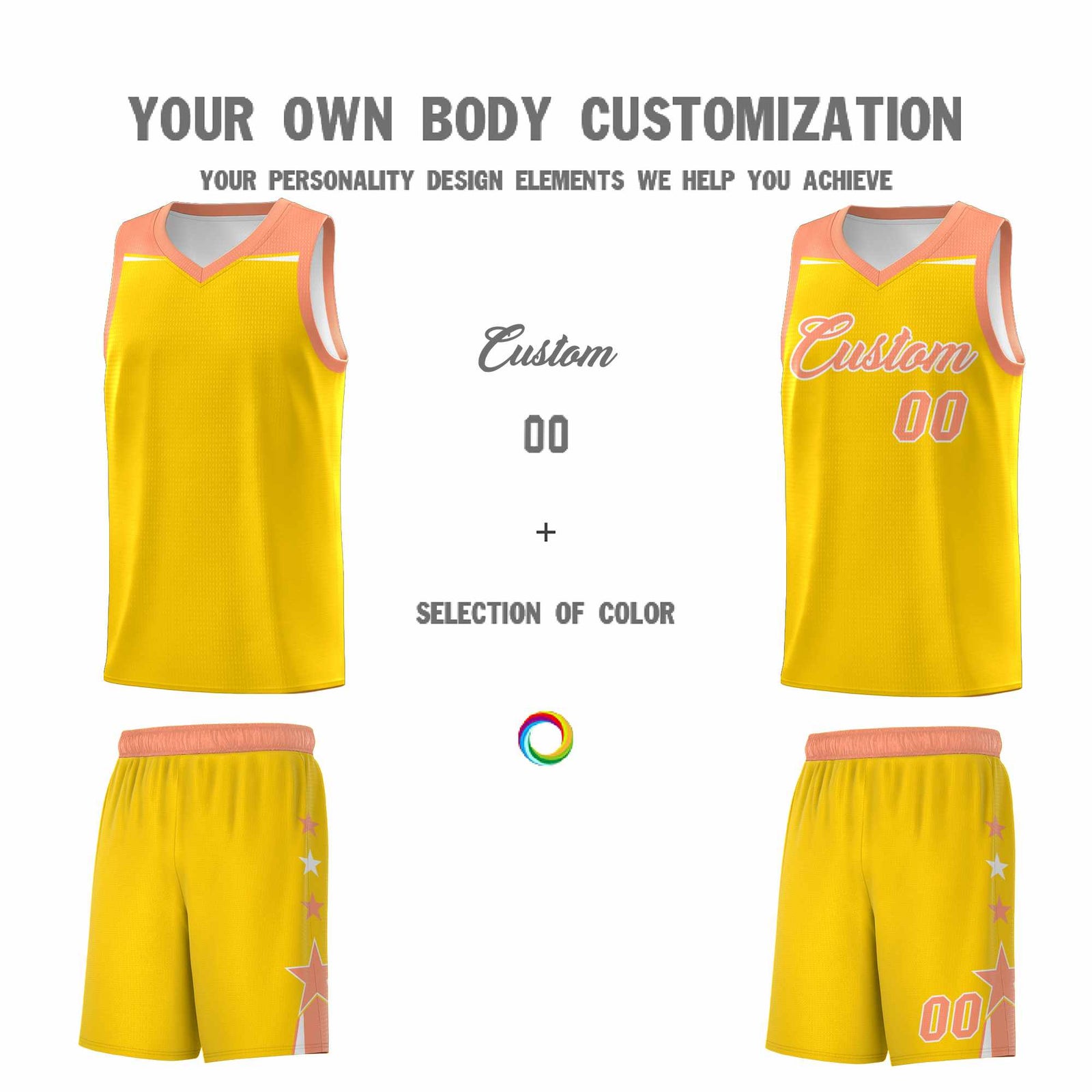 Custom Youth Basketball Uniform Gold Light Orange Two Tone Side Star Color Block Team Jersey