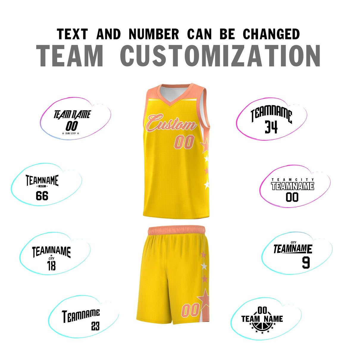 Custom Youth Basketball Uniform Gold Light Orange Two Tone Side Star Color Block Team Jersey