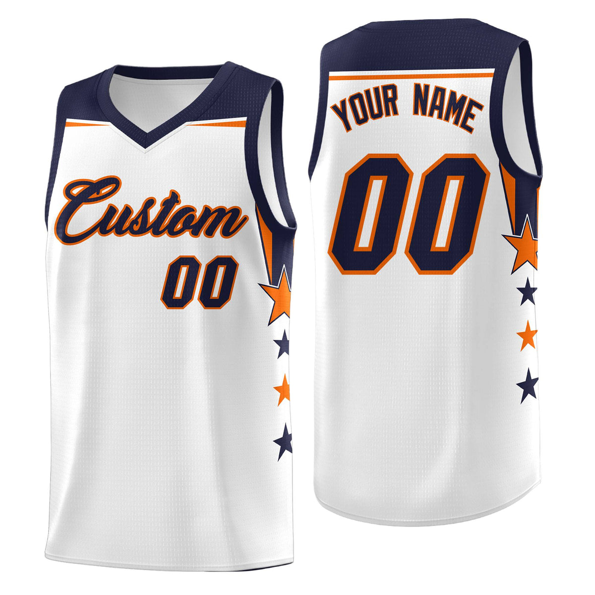 Custom Youth Basketball Uniform White Navy Two Tone Side Star Add Name Number & Logo