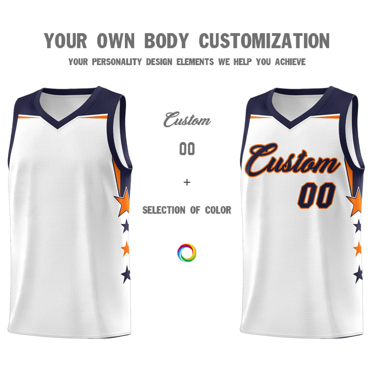Custom Youth Basketball Uniform White Navy Two Tone Side Star Add Name Number & Logo
