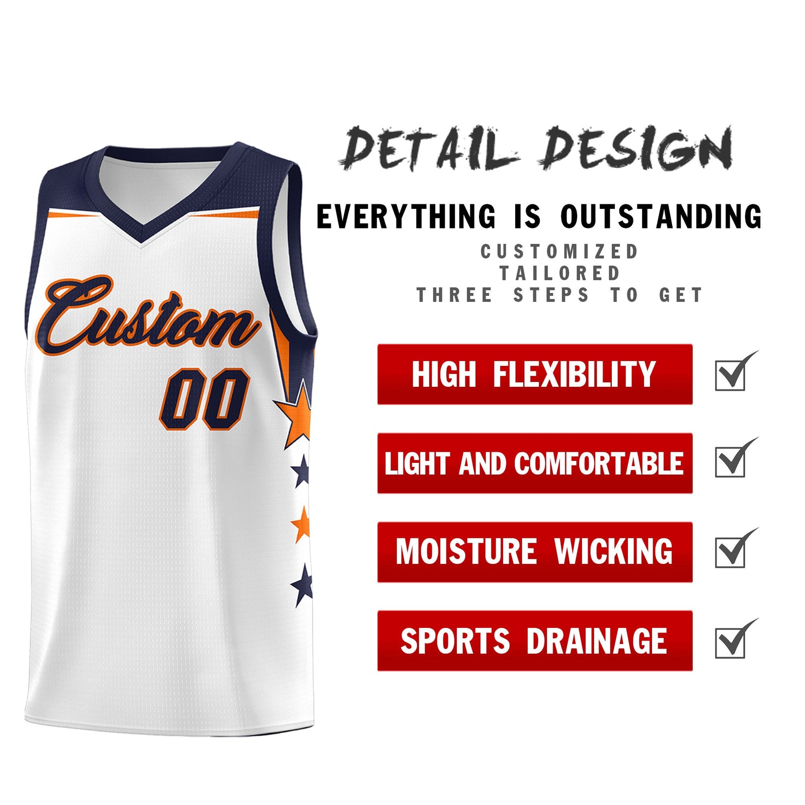 Custom Youth Basketball Uniform White Navy Two Tone Side Star Add Name Number & Logo
