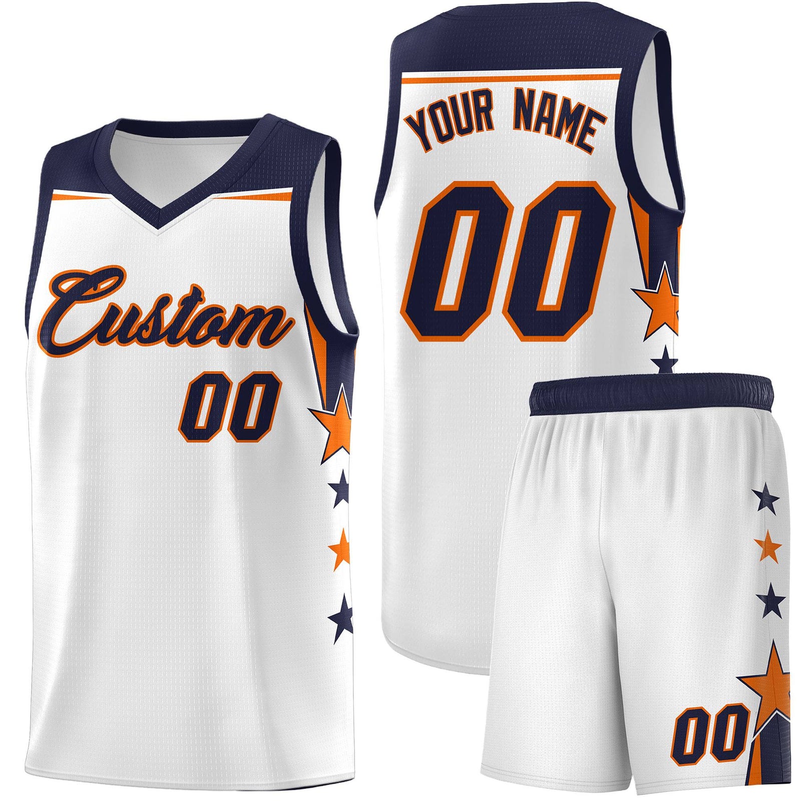 Custom Youth Basketball Uniform White Navy Two Tone Side Star Add Name Number & Logo