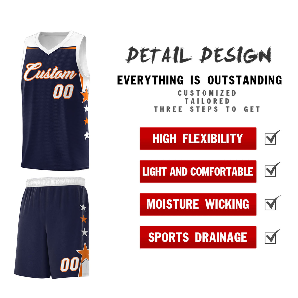 Custom Youth Basketball Uniform Navy White Two Tone Side Star Personalized Team Jersey
