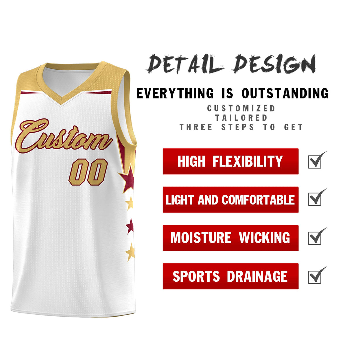 Custom Youth Basketball Uniform White Old Gold Two Tone Side Star Add Name Number & Logo