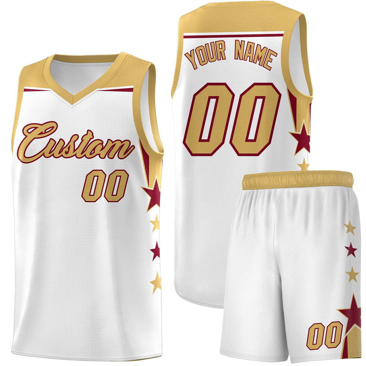 Custom Youth Basketball Uniform White Old Gold Two Tone Side Star Add Name Number & Logo