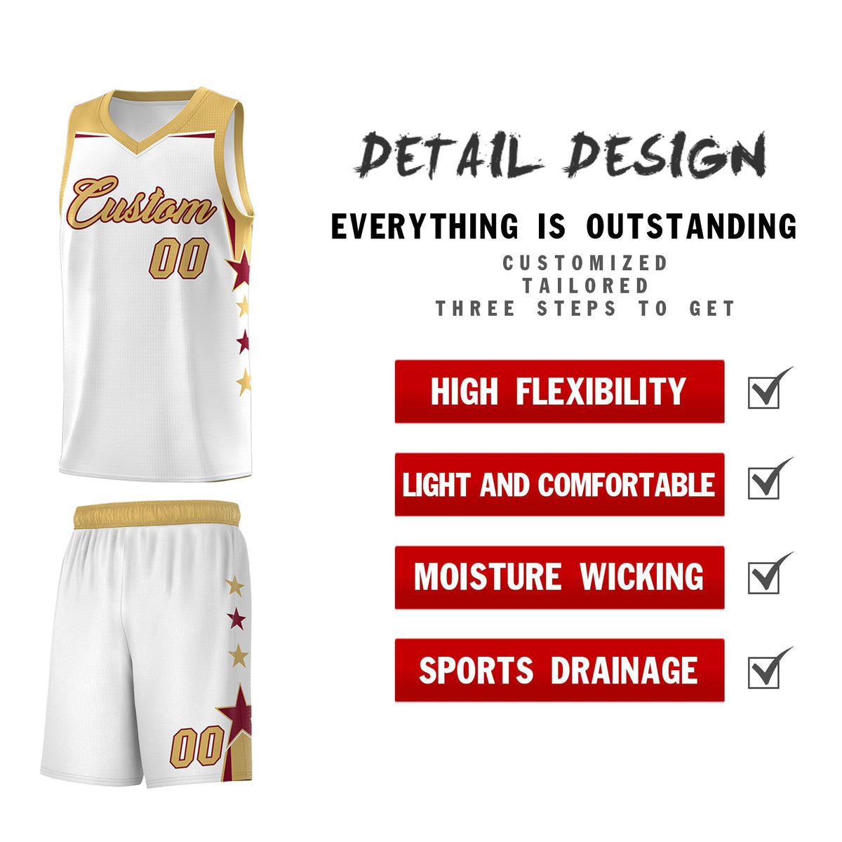 Custom Youth Basketball Uniform White Old Gold Two Tone Side Star Add Name Number & Logo