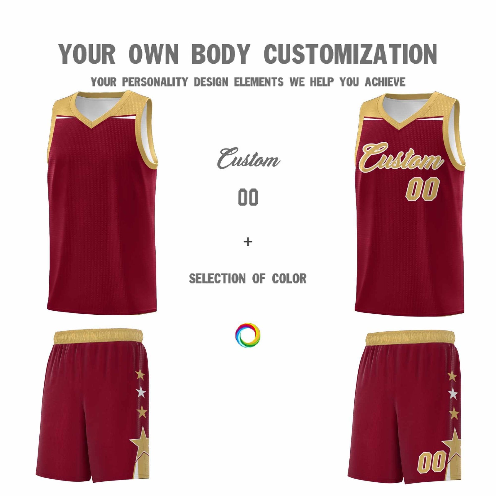 Custom Youth Basketball Uniform Crimson Old Gold Two Tone Side Star Color Block Team Jersey