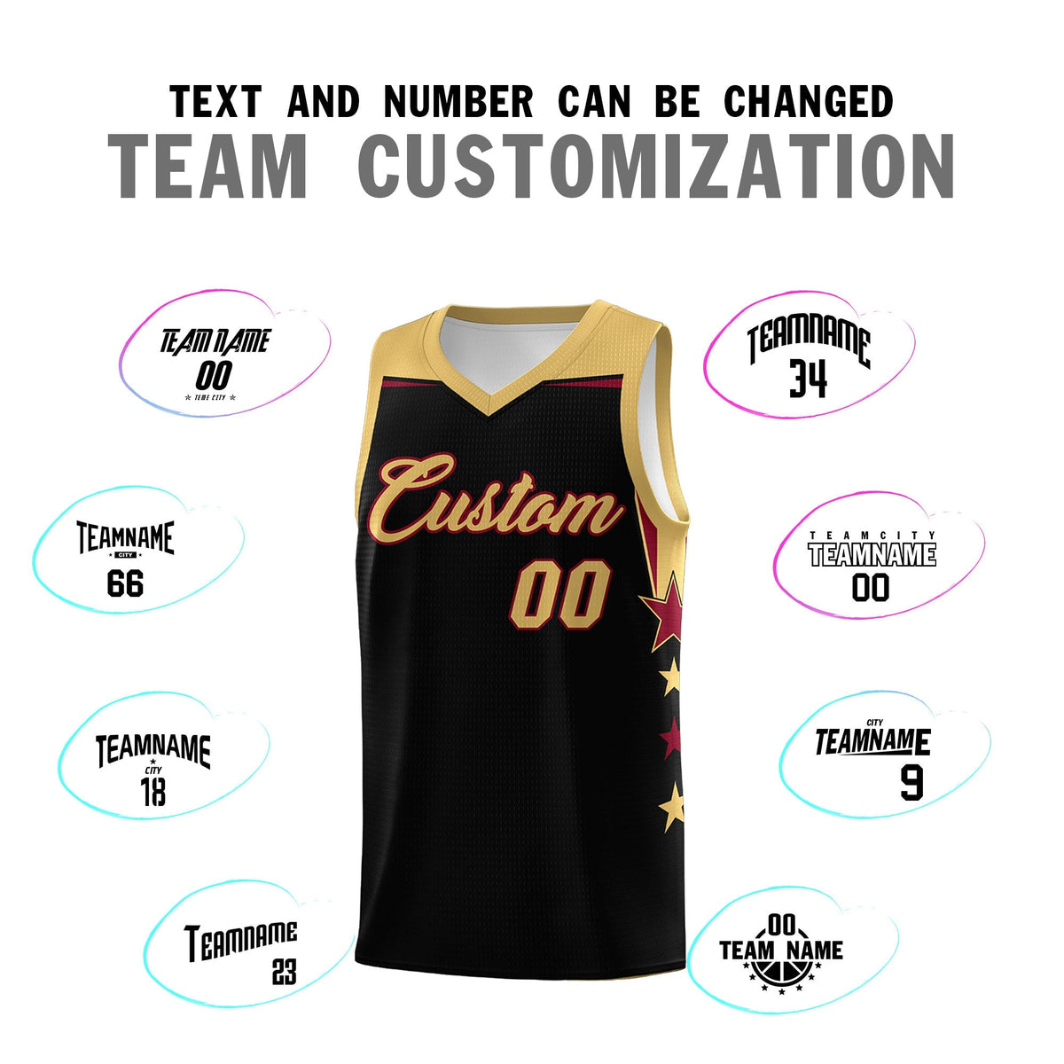 Custom Youth Basketball Uniform Black Old Gold Two Tone Side Star Add Name Number & Logo
