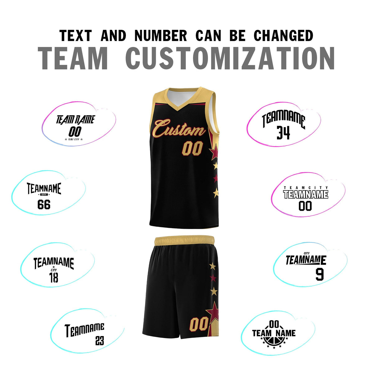 Custom Youth Basketball Uniform Black Old Gold Two Tone Side Star Add Name Number & Logo