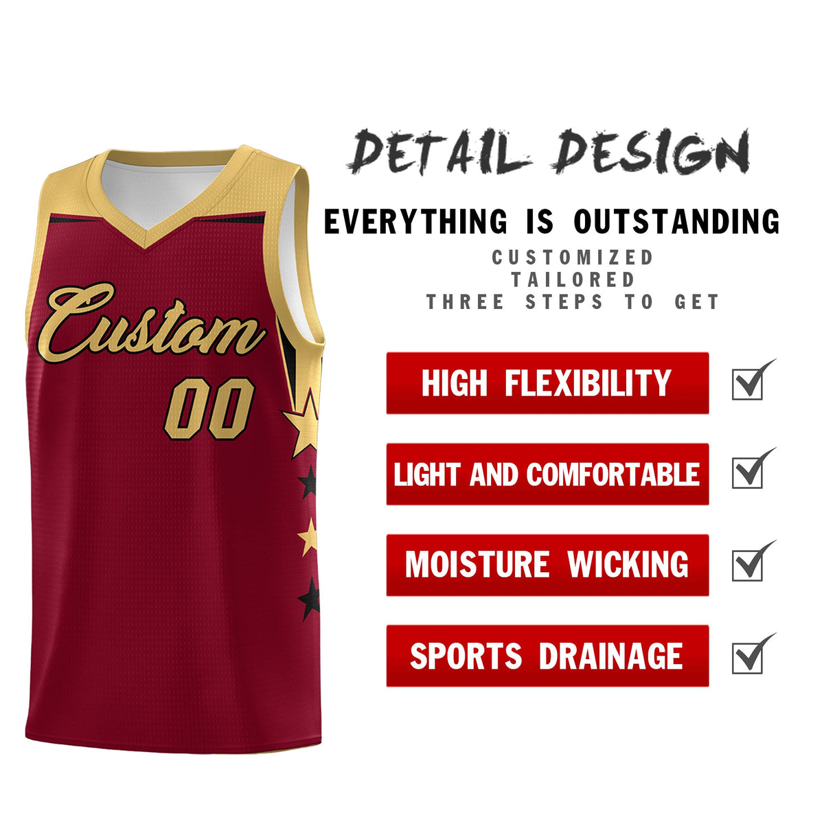 Custom Youth Basketball Uniform Crimson Old Gold Two Tone Side Star Color Block Team Jersey