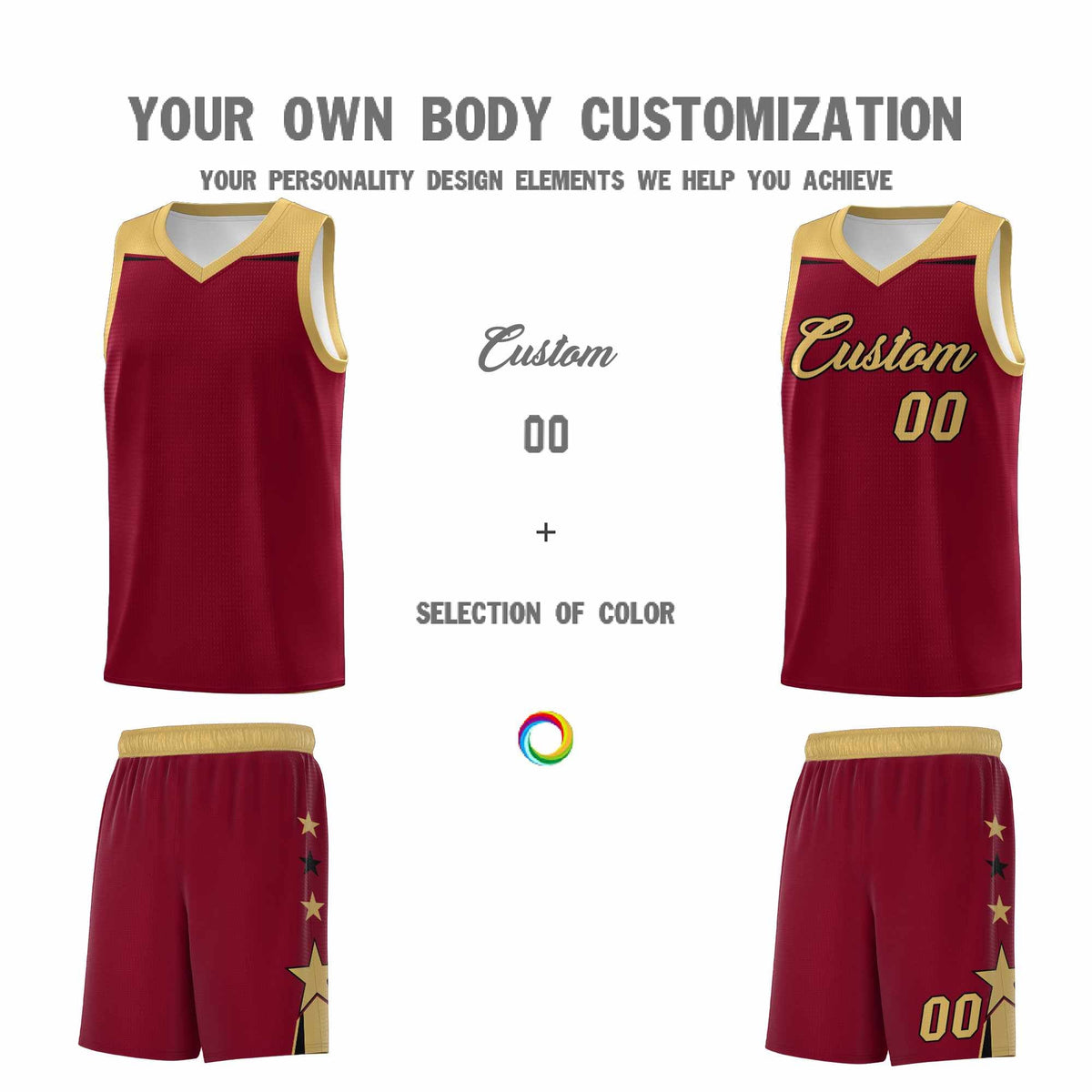 Custom Youth Basketball Uniform Crimson Old Gold Two Tone Side Star Color Block Team Jersey