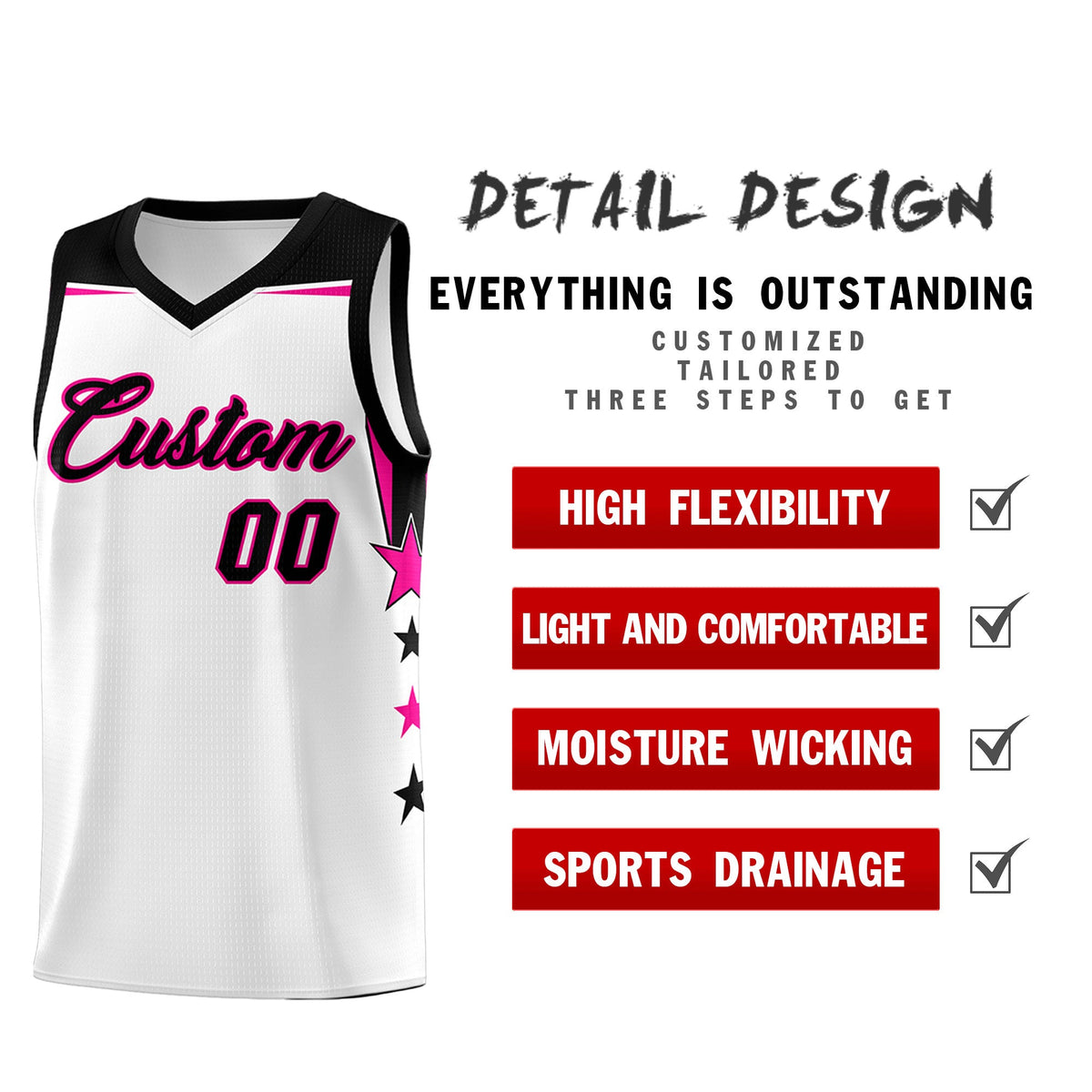 Custom Youth Basketball Uniform White Black Two Tone Side Star Add Name Number & Logo