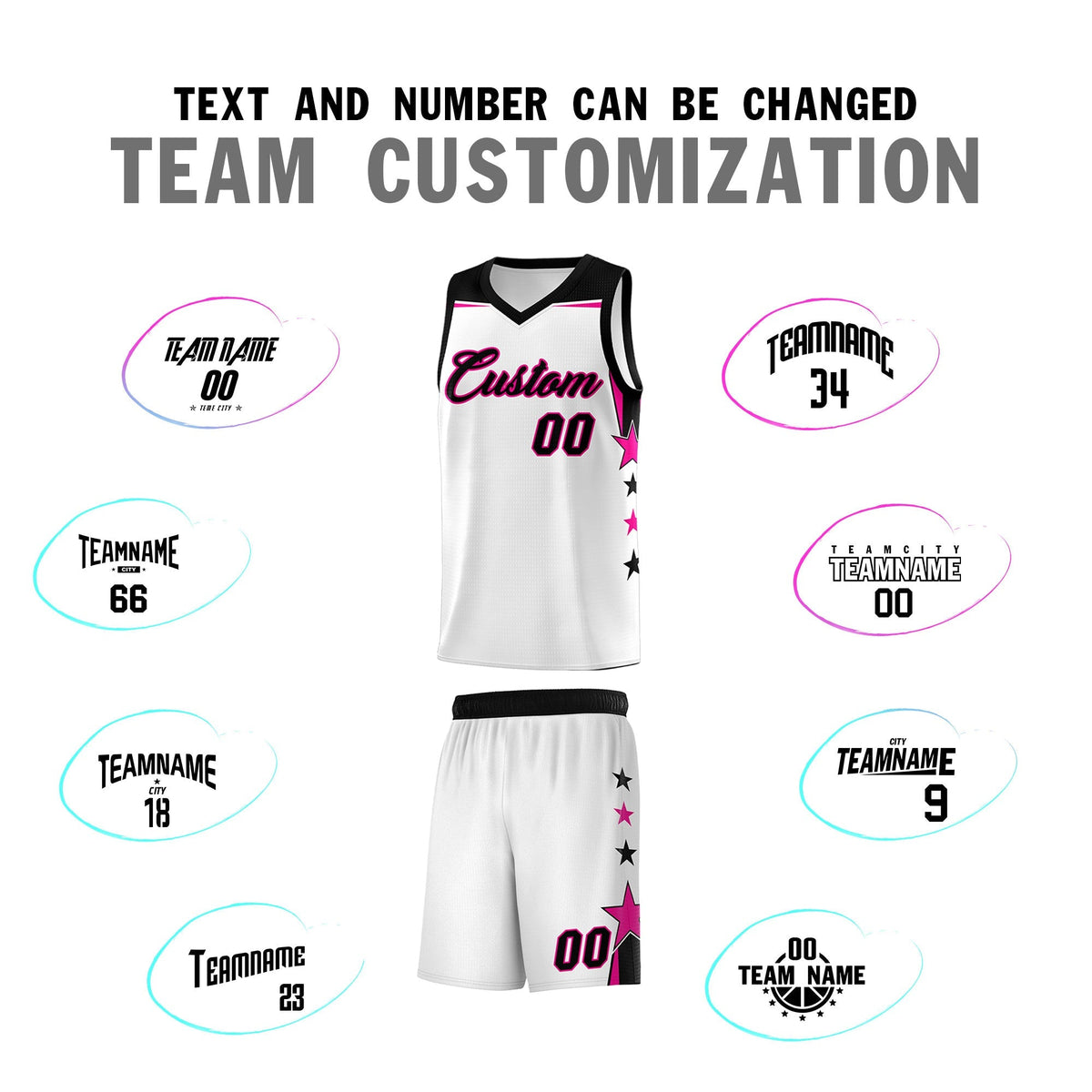 Custom Youth Basketball Uniform White Black Two Tone Side Star Add Name Number & Logo