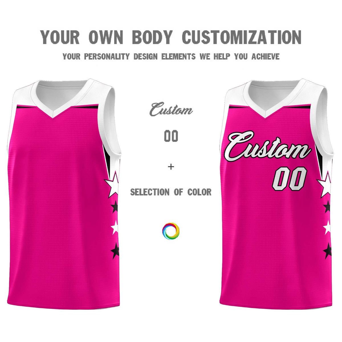 Custom Youth Basketball Uniform Pink White Two Tone Side Star Color Block Team Jersey