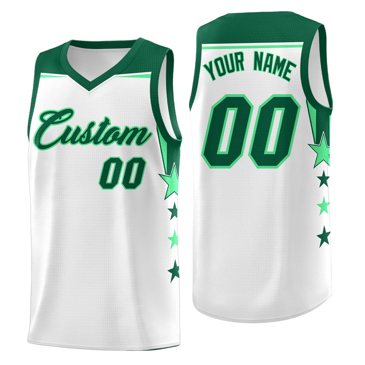 Custom Youth Basketball Uniform White Kelly Green Two Tone Side Star Add Name Number & Logo