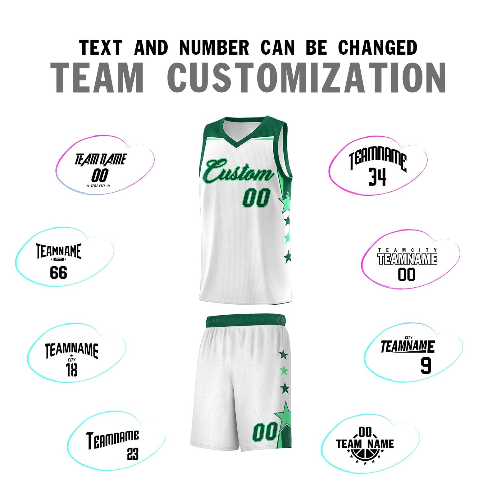 Custom Youth Basketball Uniform White Kelly Green Two Tone Side Star Add Name Number & Logo
