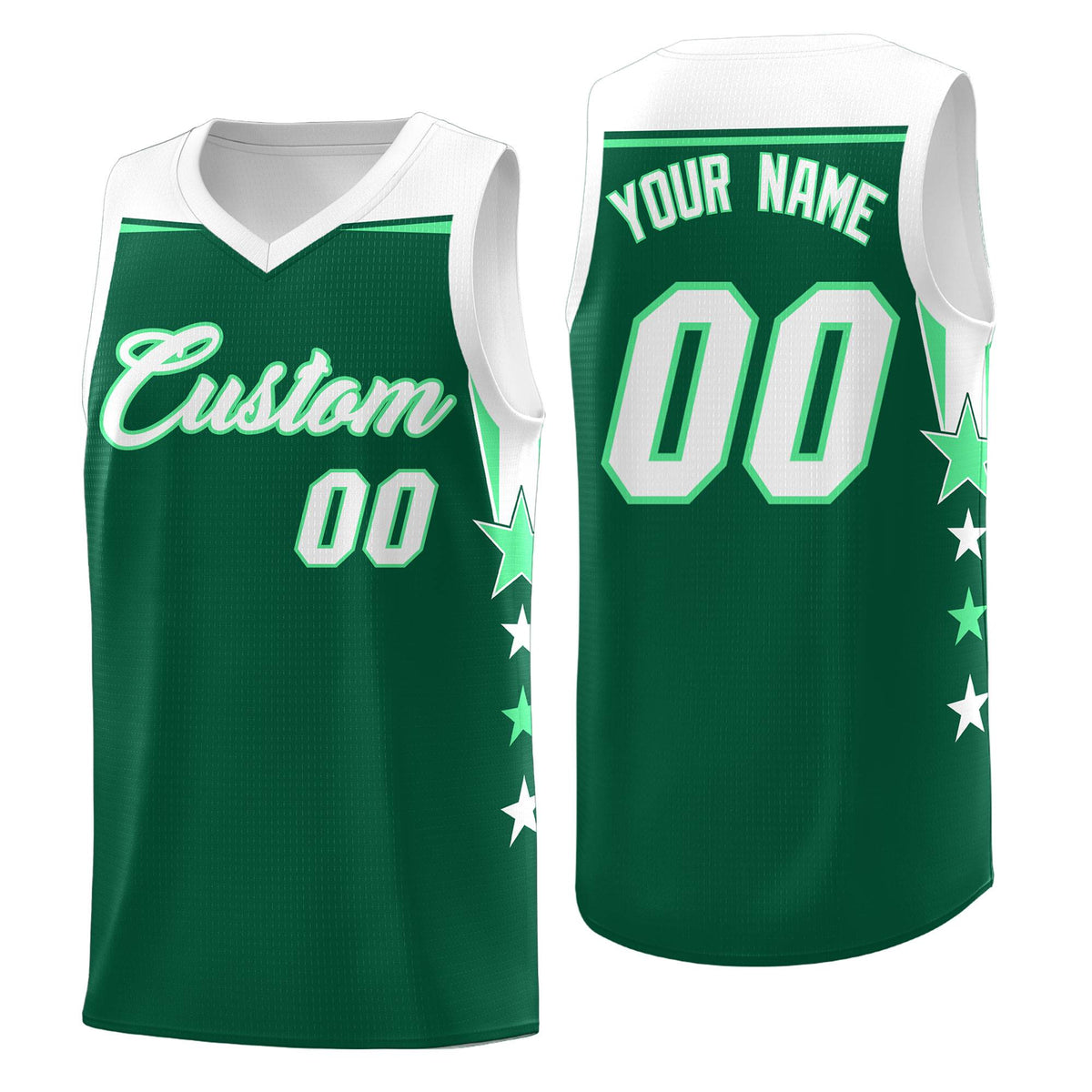 Custom Youth Basketball Uniform Kelly Green White Two Tone Side Star Personalized Team Jersey