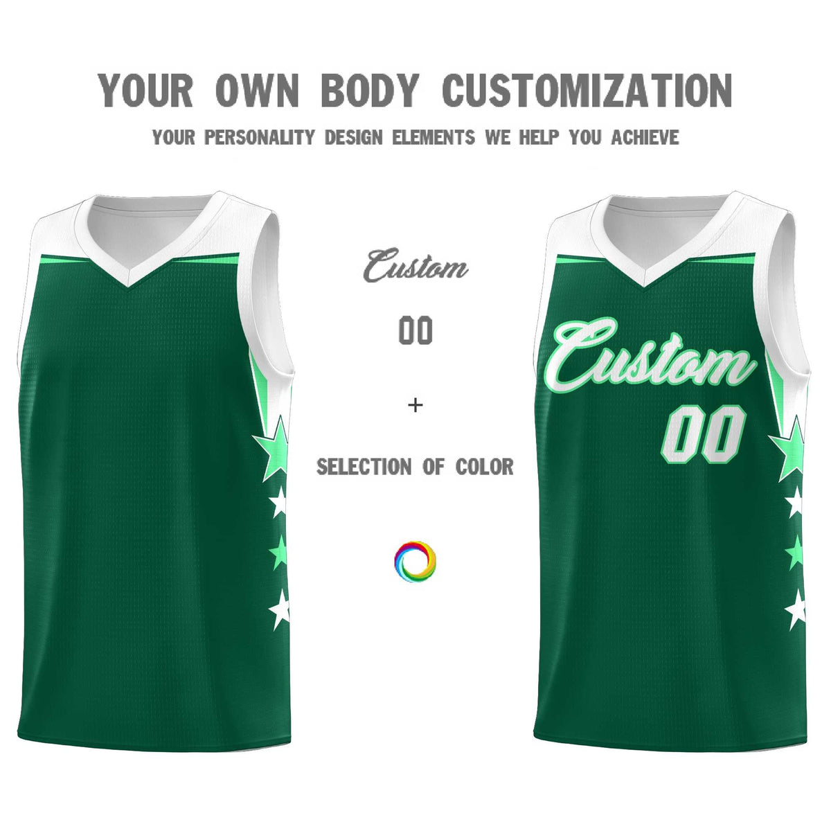 Custom Youth Basketball Uniform Kelly Green White Two Tone Side Star Personalized Team Jersey