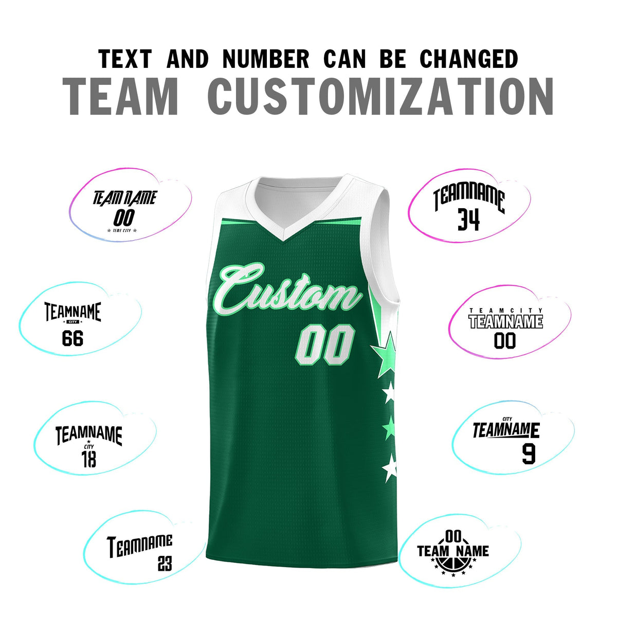 Custom Youth Basketball Uniform Kelly Green White Two Tone Side Star Personalized Team Jersey