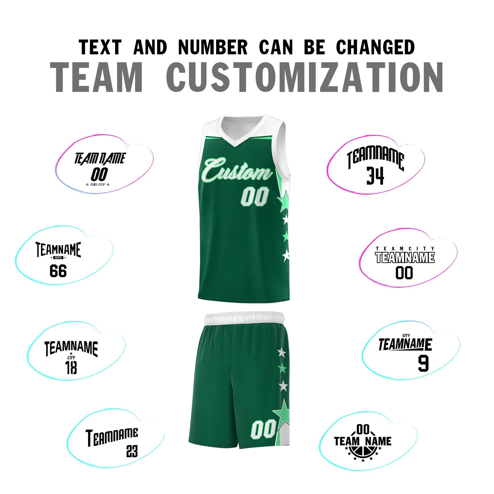 Custom Youth Basketball Uniform Kelly Green White Two Tone Side Star Personalized Team Jersey